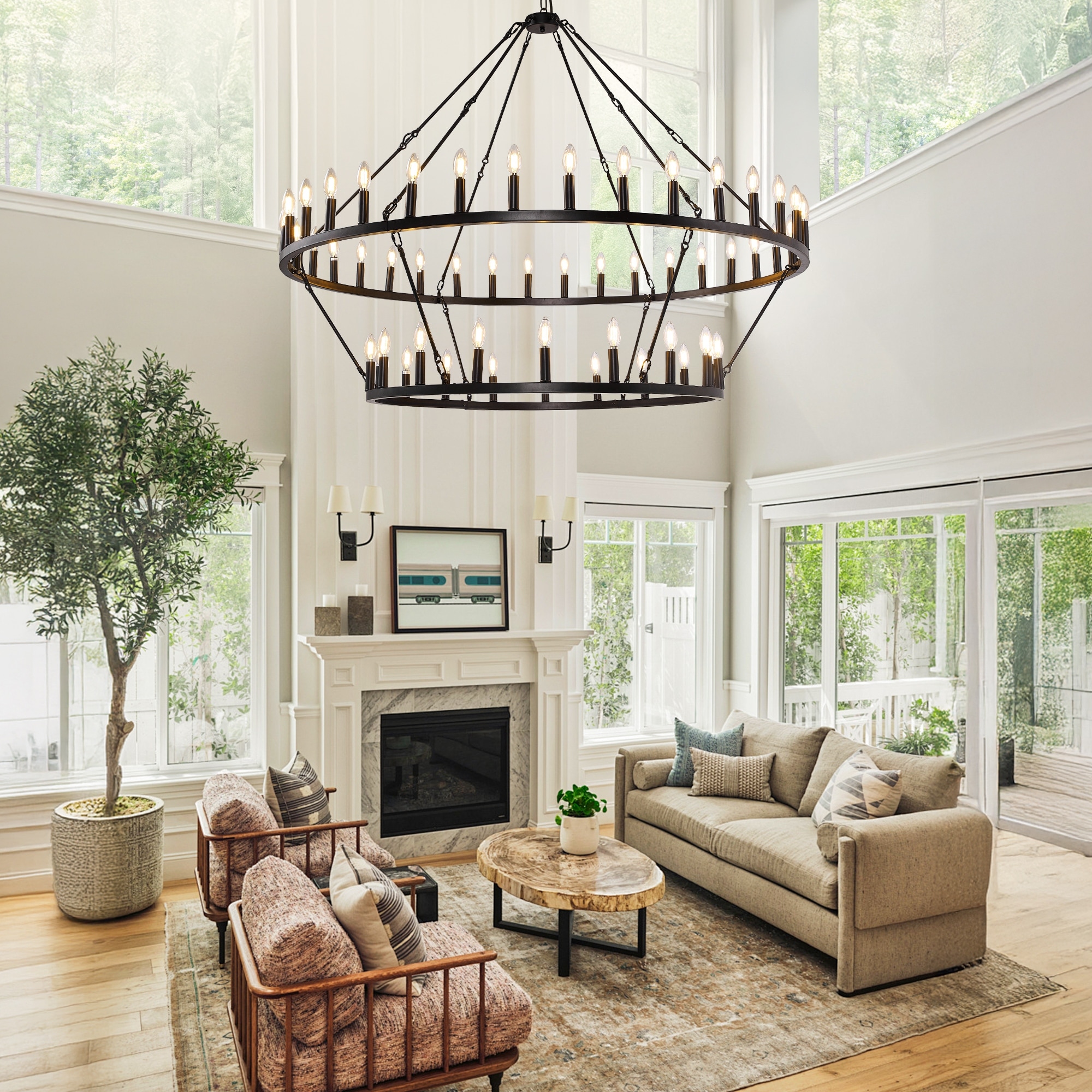 54-Lights Dimmable Two Tiers Wagon Wheel Chandeliers Classic Candle Industrial Chandelier for Living Room Entryway