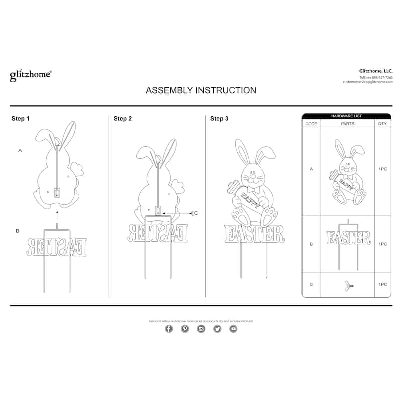 Glitzhome Easter Metal Bunny Yard Stake Wall Decors Standing Sign