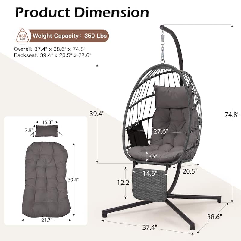 EROMMY Hanging Egg Chair with Stand, Foldable Indoor/Outdoor Swing Chair includes Cushion and Pillow, Patio Wicker Swing