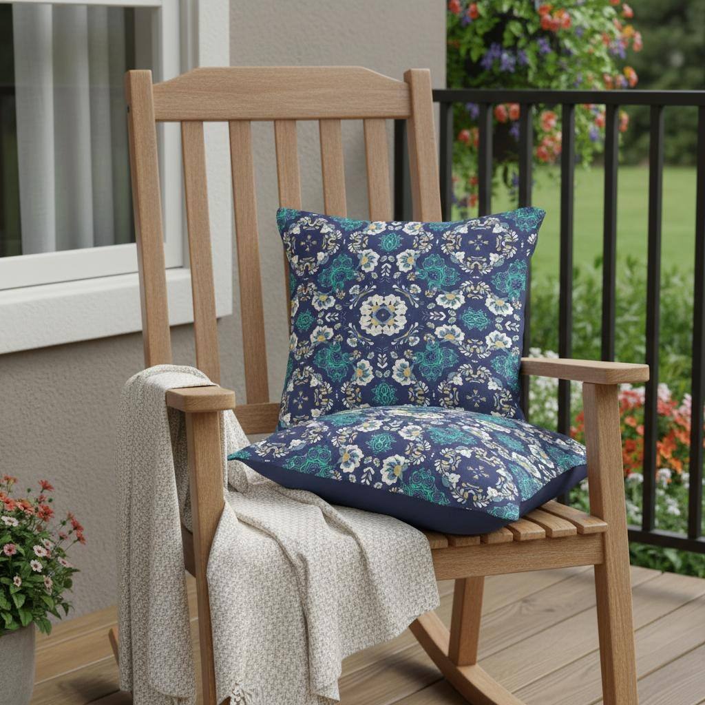 HomeRoots Set of Two 16" X 16" Blue and White Blown Seam Floral Indoor Outdoor Throw Pillow - 16.00' X '16.00' X '5.00