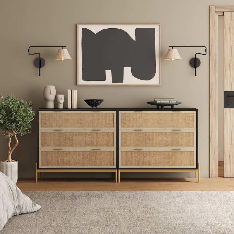 Andrew 3-Drawer Rattan Dresser or Bohemian Living Room Storage Cabinet with Natural Rattan Accent and Metal Legs - Black Oak Set of 2