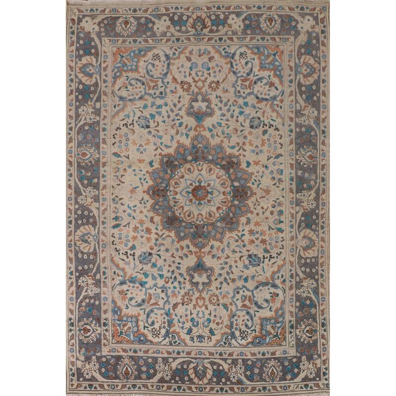 Ivory Floral Tabriz Persian Vintage Rug Handmade Wool Carpet - 6'4"x 9'6"