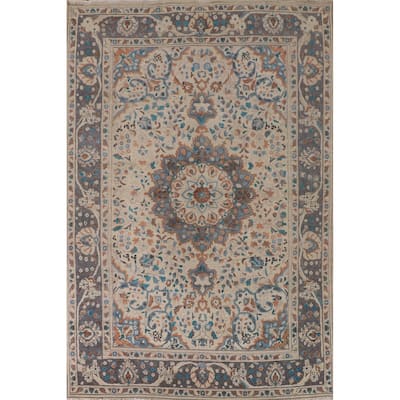 Ivory Floral Tabriz Persian Vintage Rug Handmade Wool Carpet - 6'4"x 9'6"