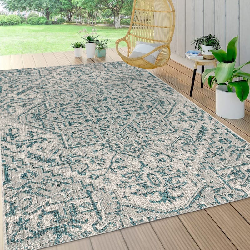 JONATHAN Y Charleston Medallion Indoor/Outdoor Area Rug - 3 X 5 - Teal/Gray