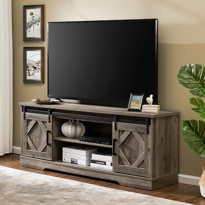 Farmhouse Sliding Barn Door TV Stand Rustic Gray for TVs up to 65"