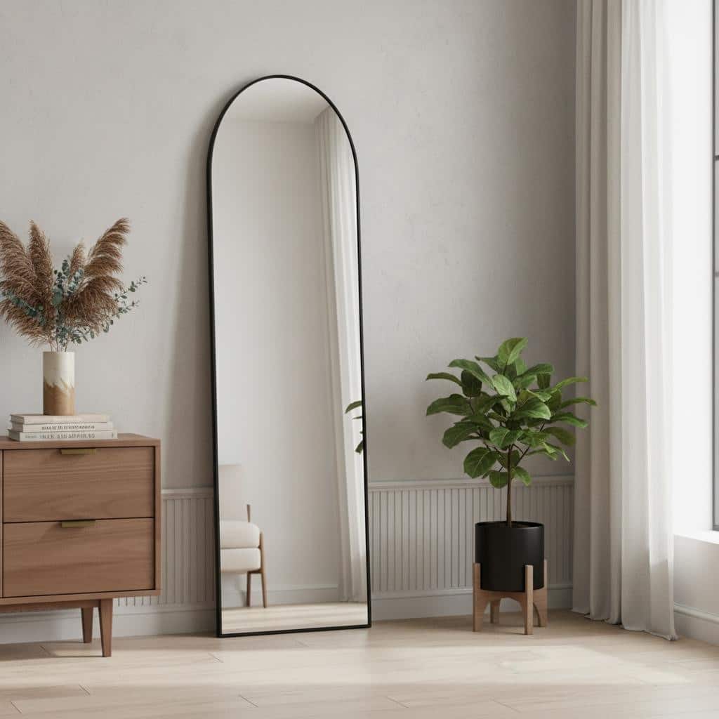 HomeRoots Black Aluminum Arch Freestanding Or Wall Mount Framed Full Length Mirror - 16.00 in. x 59.00 in. x 0.50 in.