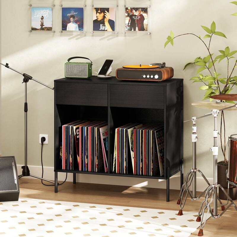 Modern Record Stand with USB Charging Station and 2 Drawer Storage Vinyl Album Organizer Shelf - 31.5" x 16" x 30.5" - Black