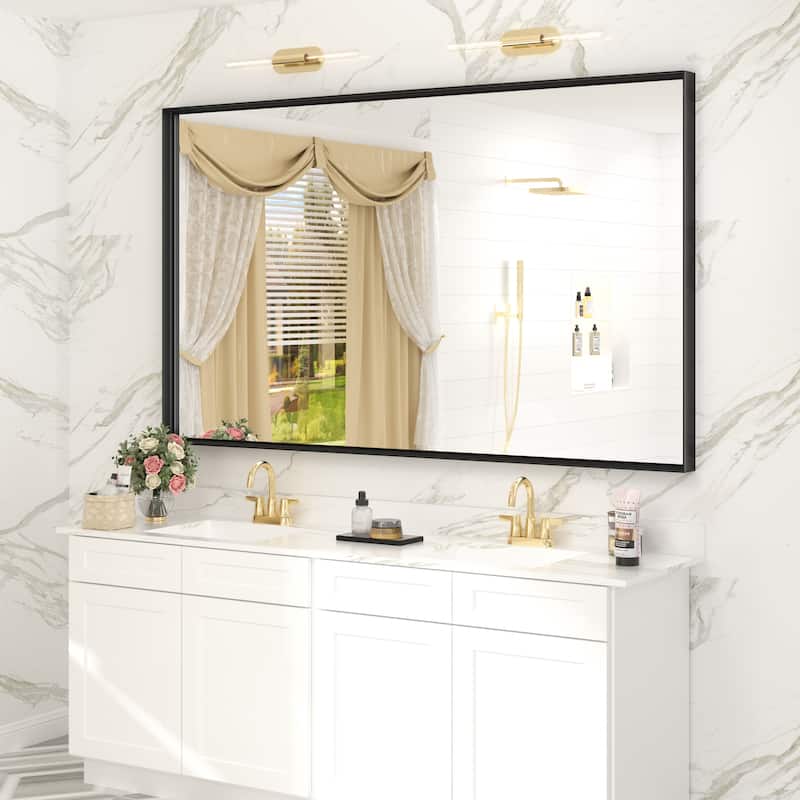 Full Size Metal Frame Wall Mirror Black Tempered Glass for Bathroom