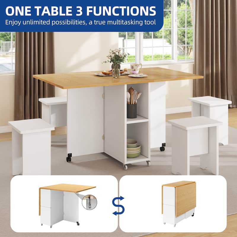 Moasis 5 Pieces 7 Pieces Folding Dining Set with Drop Leaf Table and Storage Stools for up to 6 People
