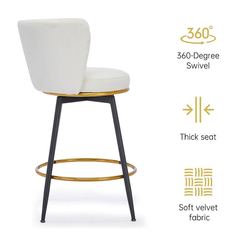 Modern Counter Height Bar Stools Set of 2 with Velvet Upholstery, 360° Swivel and Metal Base