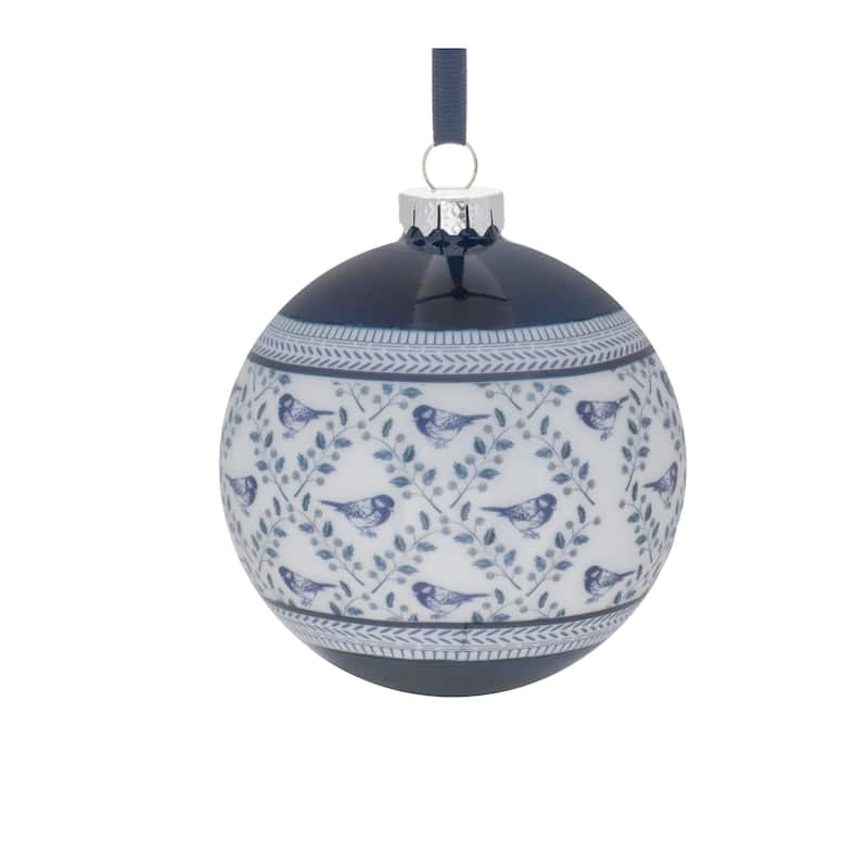 Set of 6 Blue White Glass Chinoiserie Christmas Ornaments with Bird Floral Design for Holiday Decor - 4.5”L x 4.5”W x 4.5”H