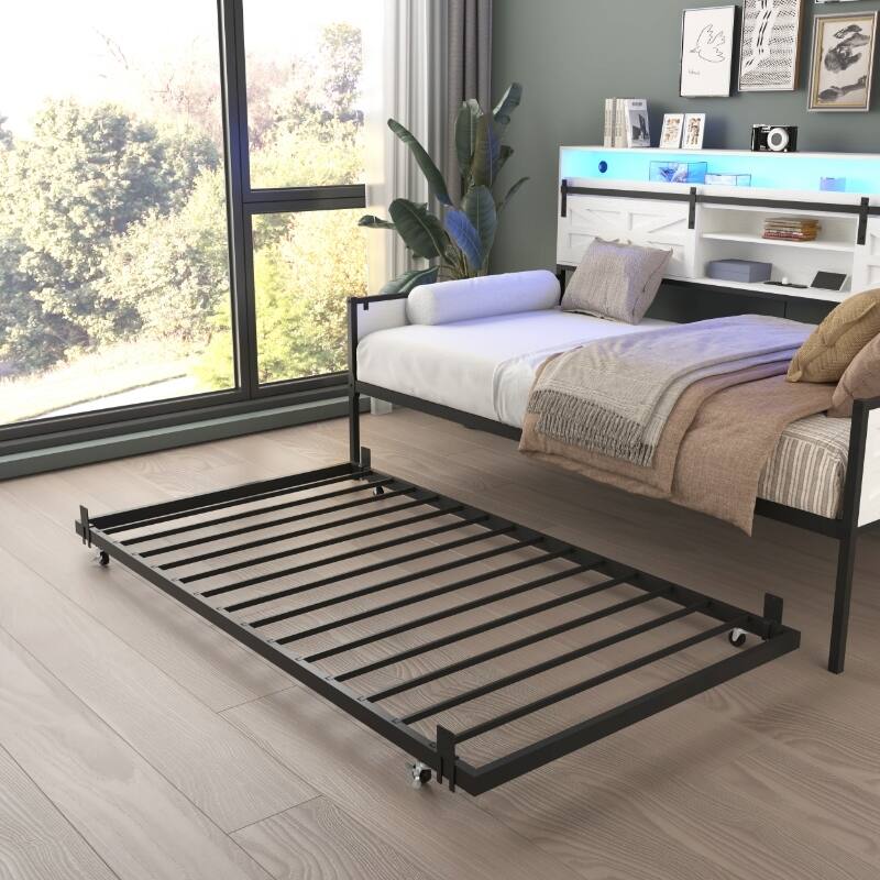 Farmhouse Twin Daybed with Trundle, Heavy Duty Metal Sofa Bed Frame with LED Headboard, Sliding Barn Door and Charging Station
