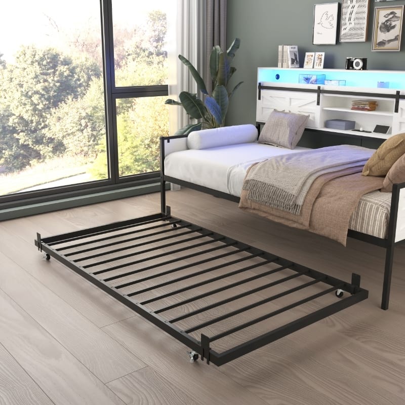 Twin Daybed with Trundle, Farmhouse Daybed Frame with Sliding Barn Door Headboard and Charging Station & LED Light