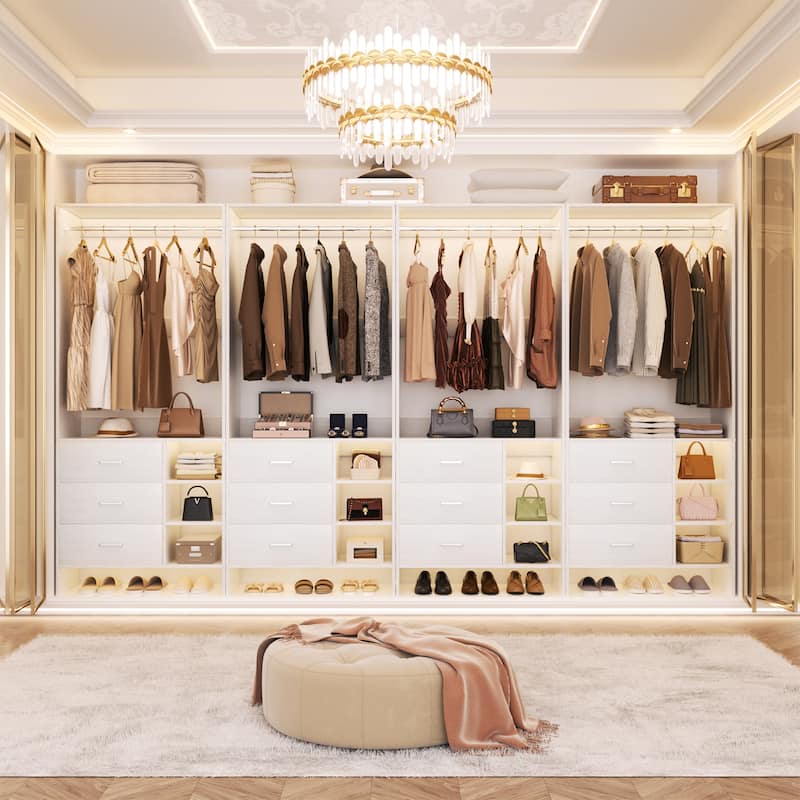 Cimly 30'' W Freestanding Closet System with Hanging Rod, Closet Organizer with Drawers and Shelves - 4pcs - White