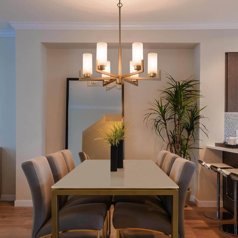Modern Gold 6-Light Wagon Wheel Glass Chandelier for Dining Room - D27.6" x H30.7"