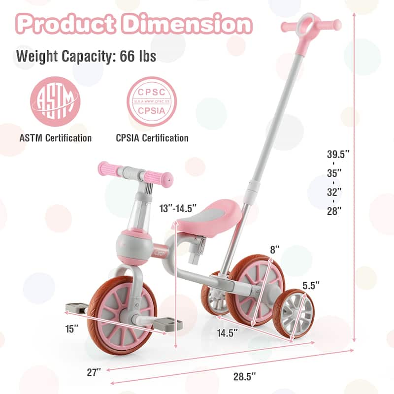 4-in-1 Adjustable Kids Tricycle with Parental Handle and EVA Wheels Safe Riding for Toddlers - 14.5" x 28.5" x 39.5"