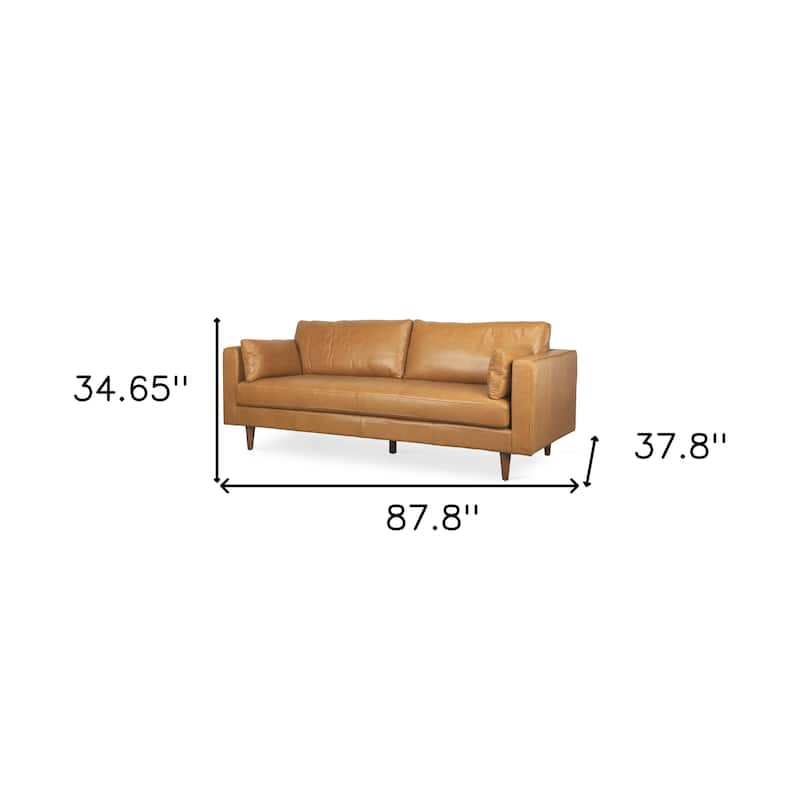 HomeRoots 88" Tan Leather Sofa And Toss Pillows With Brown Legs