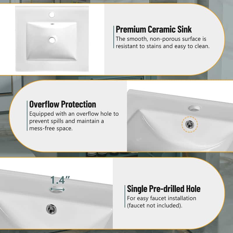 20" Bathroom Vanity with Ceramic Sink, Soft-Close Door, Adjustable Shelf, and Door-Mounted Storage Rack for Small Bathrooms