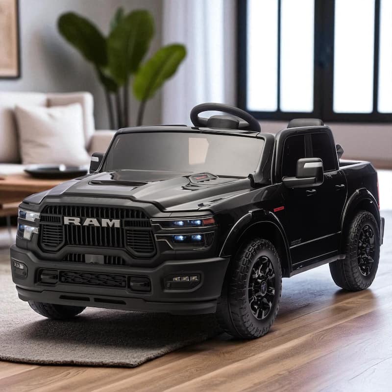 24V Licensed Dodge RAM 2500 Kids Ride On Truck with Remote, 2-Seater, Bluetooth Music, USB/MP3, Dual Motor & Suspension - Black