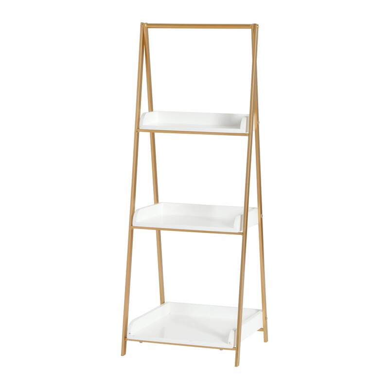 Three Tier A-Frame Metal and Wood Open Shelf - Gold and White
