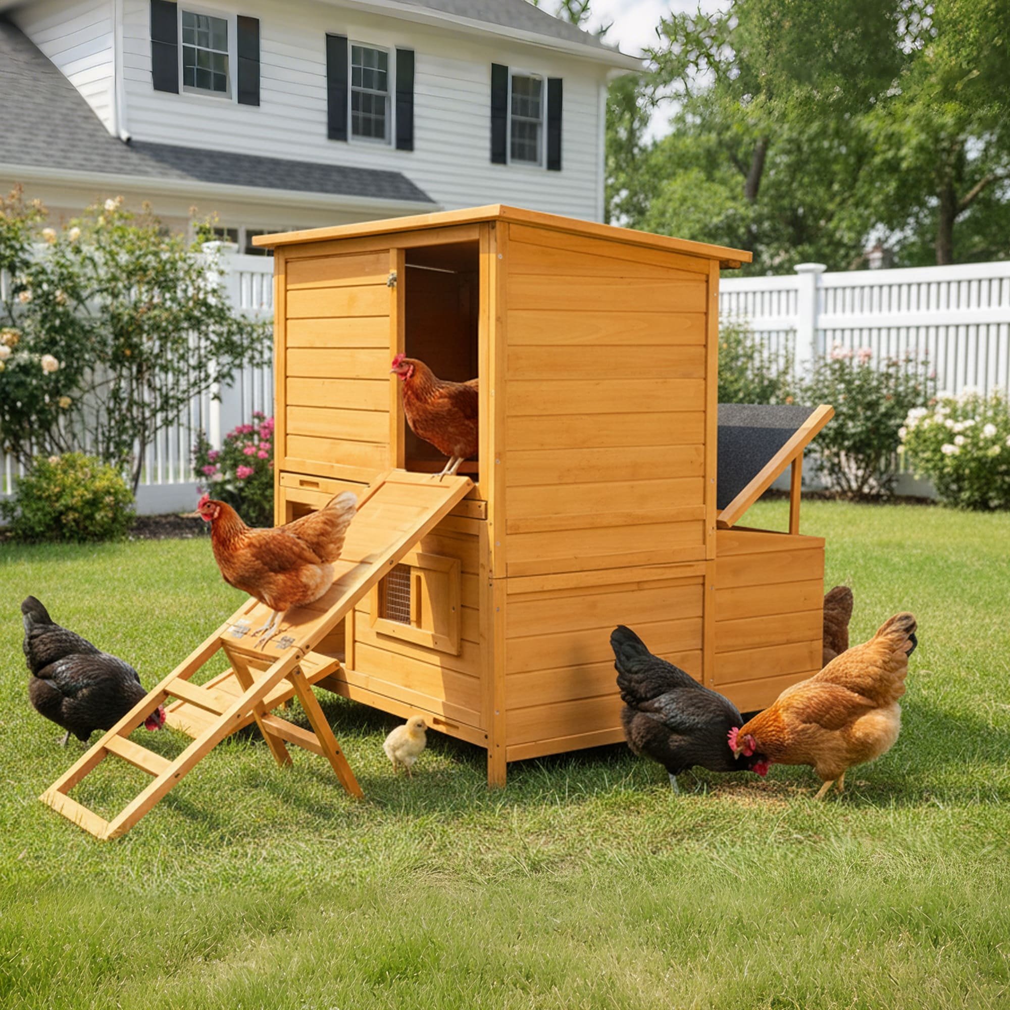 Double-House Wooden Chicken Coop For 6-8 Chickens With 3 Nesting Boxes And 2 Pull-Out Trays