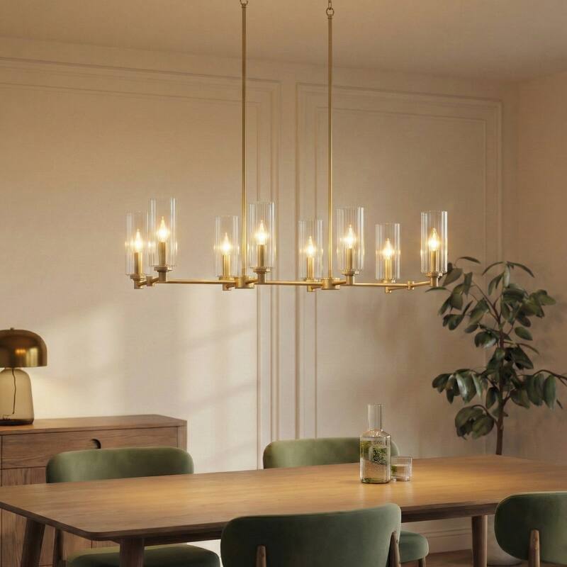 Asert Sophisticated 8-Light Satin Brass Pendant with Ribbed Glass Shades - Clear Ribbed Glass