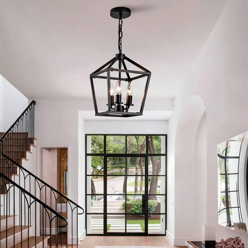 Farmhouse Lantern Chandelier 3-Light with Rustic Open Cage and Adjustable Hanging Height