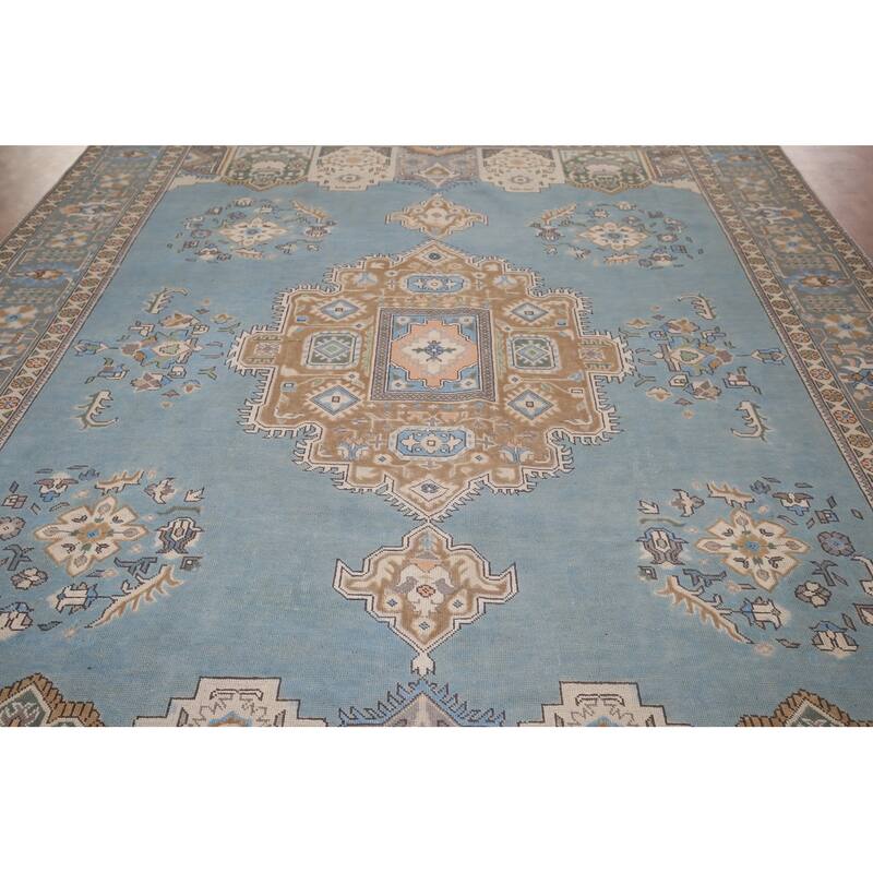 Light Blue Geometric Tabriz Persian Vintage Rug Handmade Wool Carpet - 9'7"x 12'8"