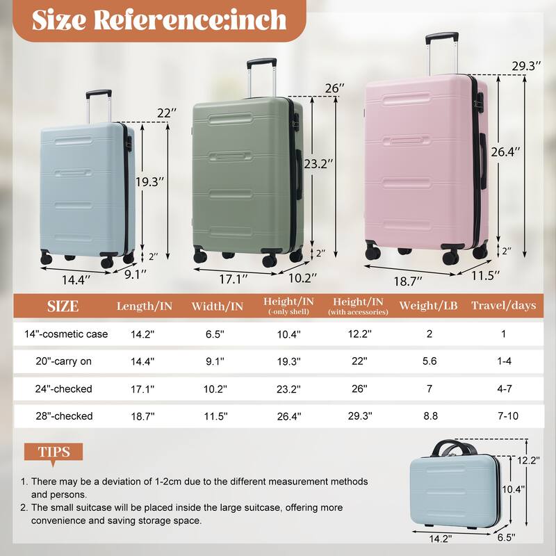 6 Piece Luggage Set, with Double Spinner Wheels Handle Password Lock, 14 IN Cosmetic Case 20/24/28 IN Luggages with Bag