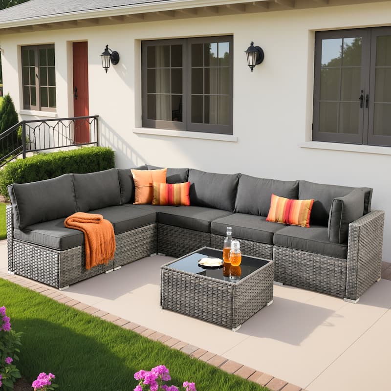 OVIOS 7-Piece Low Profile Deep Seat Wicker Outdoor Patio Furniture Set - Black