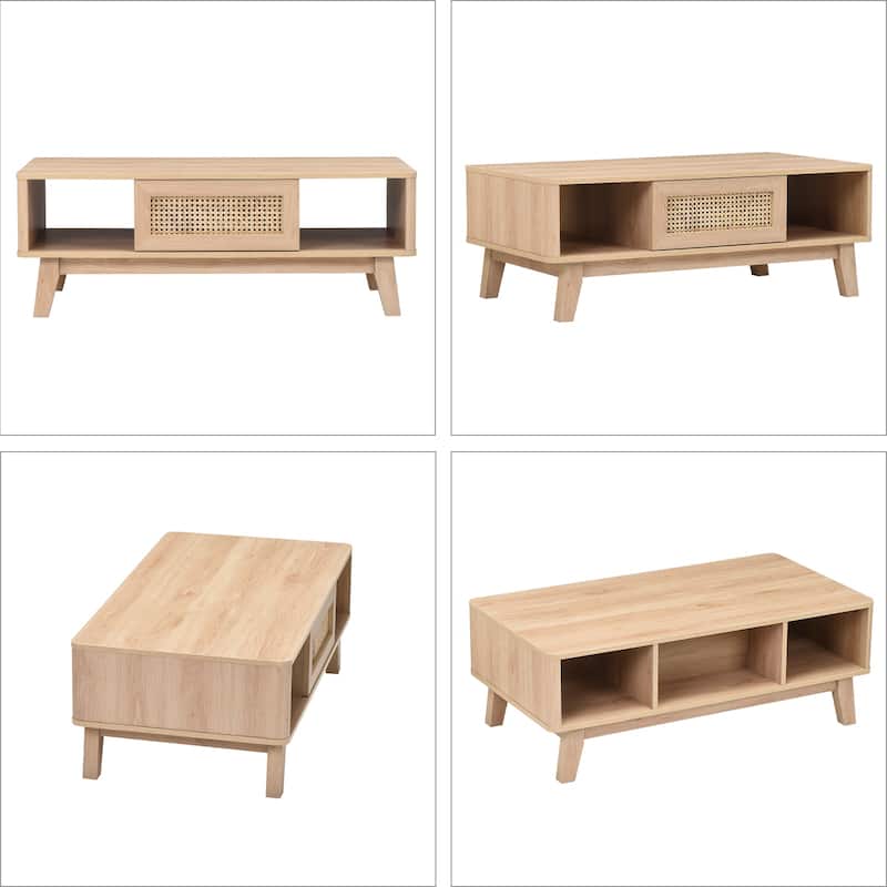 Mid Century Coffee Table with Storage, Modern Square with Rattan Drawer, Wooden Living Room Table with Solid Wood Leg
