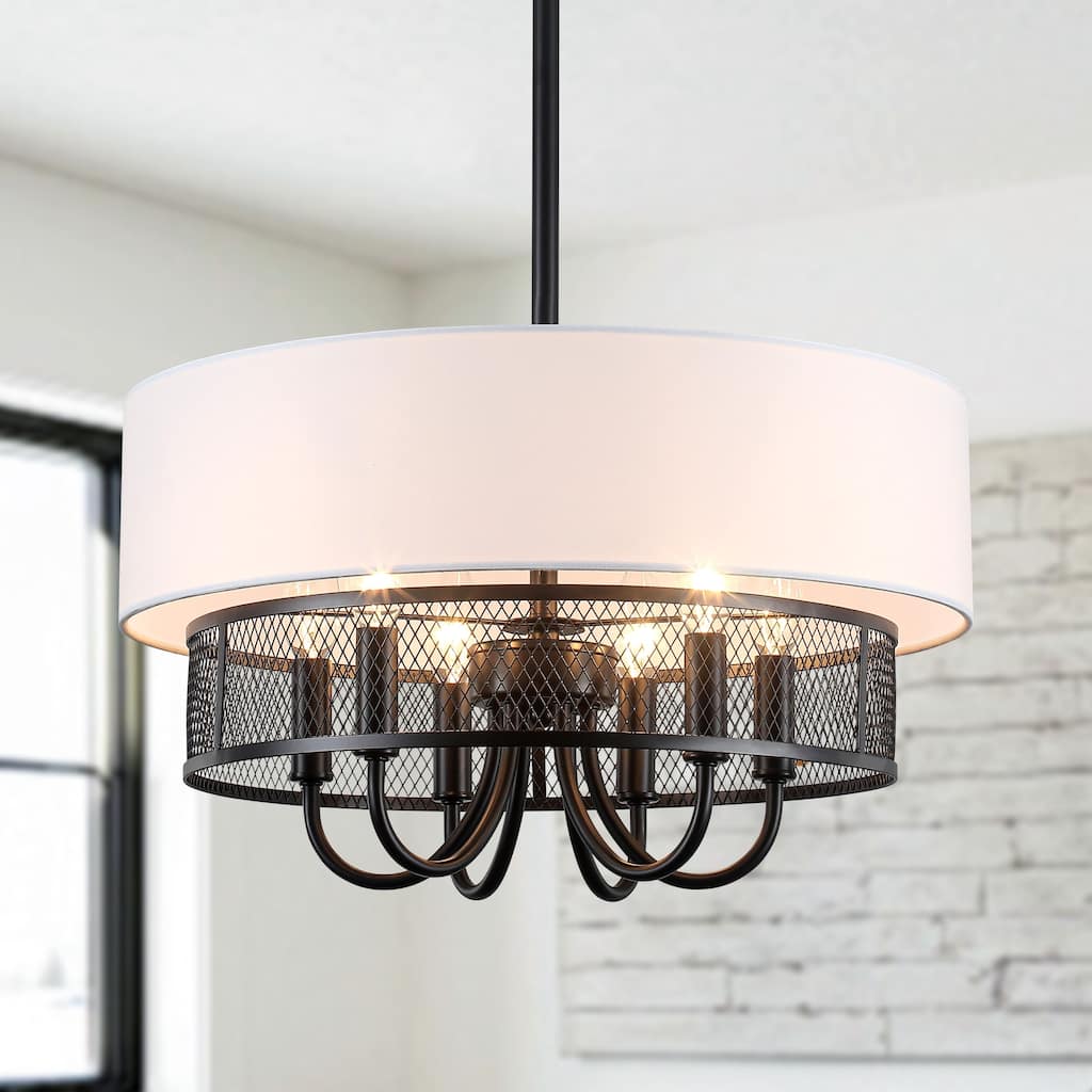 Industrial Rustic 6-Light Metal Grid Frame Drum Chandelier with White Fabric Shade