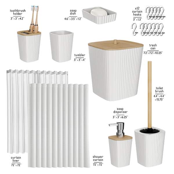 dimension image slide 1 of 3, Clara Clark Bamboo Bathroom Accessories Set with Shower Curtain Set, Toilet Brush, Trash Can & Soap Dispenser
