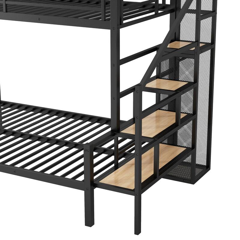 Twin over Full Metal Bunk Bed with Storage Stairs and Wardrobe, Black