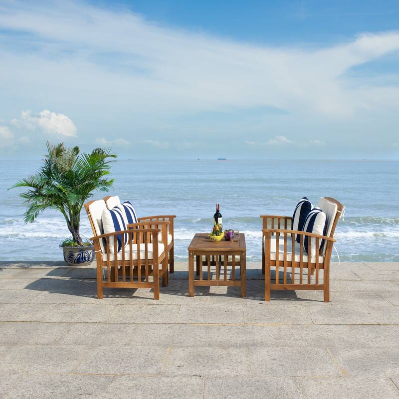 SAFAVIEH Outdoor Rocklin 4-piece Conversation Patio Set - Natural/Beige + Thick Stripe Pillow