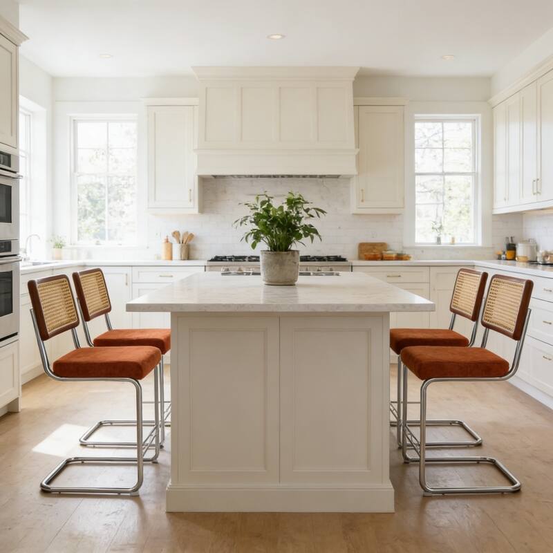 Natural Rattan & Solid Wood Bar Stool Set of 4 - 25" Medieval Modern Style with PU Seat & Chrome Legs