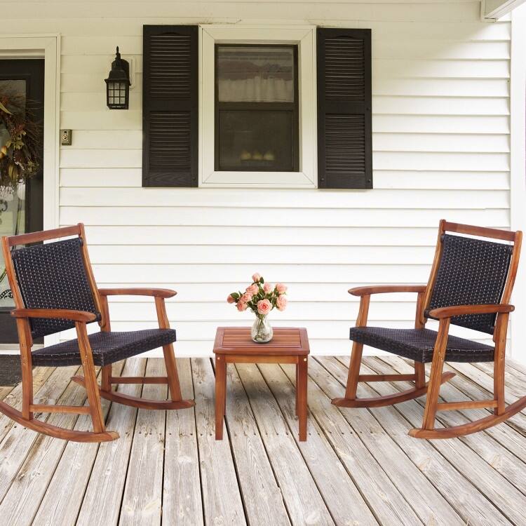 3 Pieces Acacia Wood Patio Rocking Chair Set with Side Table - 24" x 33" x 37" (L x W x H)