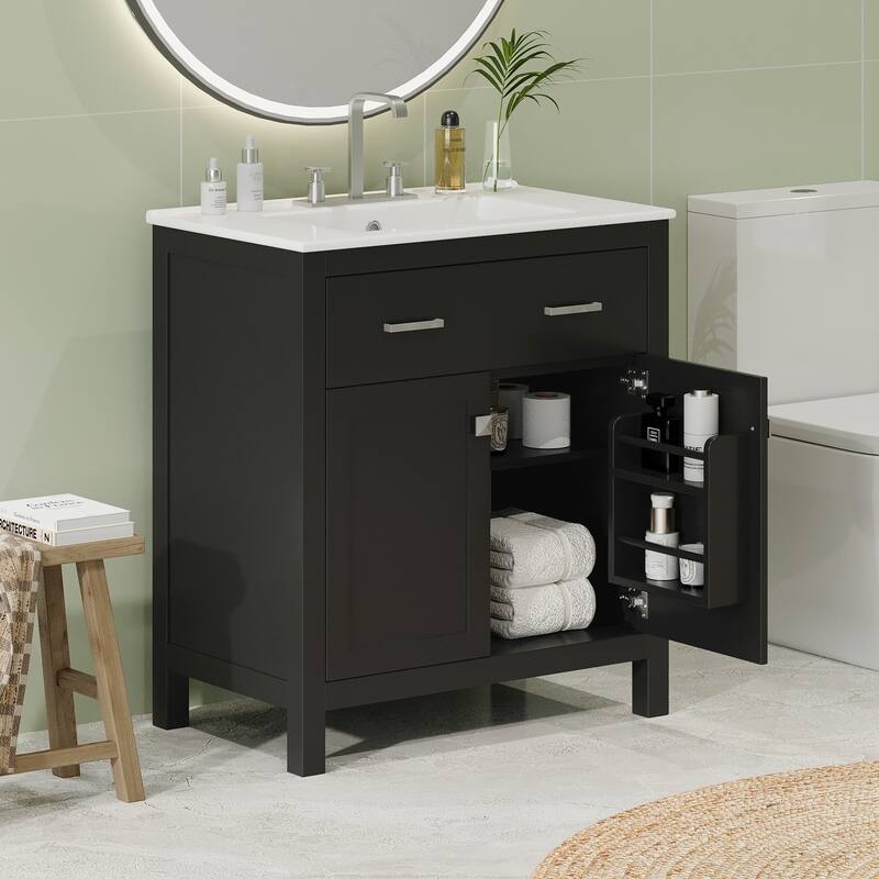 30" Bathroom Vanity with Ceramic Sink, Modern Single Bathroom Cabinet with 2 Doors and a Shelf, Soft Close Doors