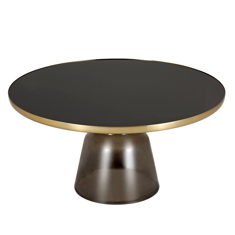 30-Inch Round Coffee Table Glass/Stone Tabletop with Gold Iron Rim Frame Glass Pedestal Base - Grey/Black Glass