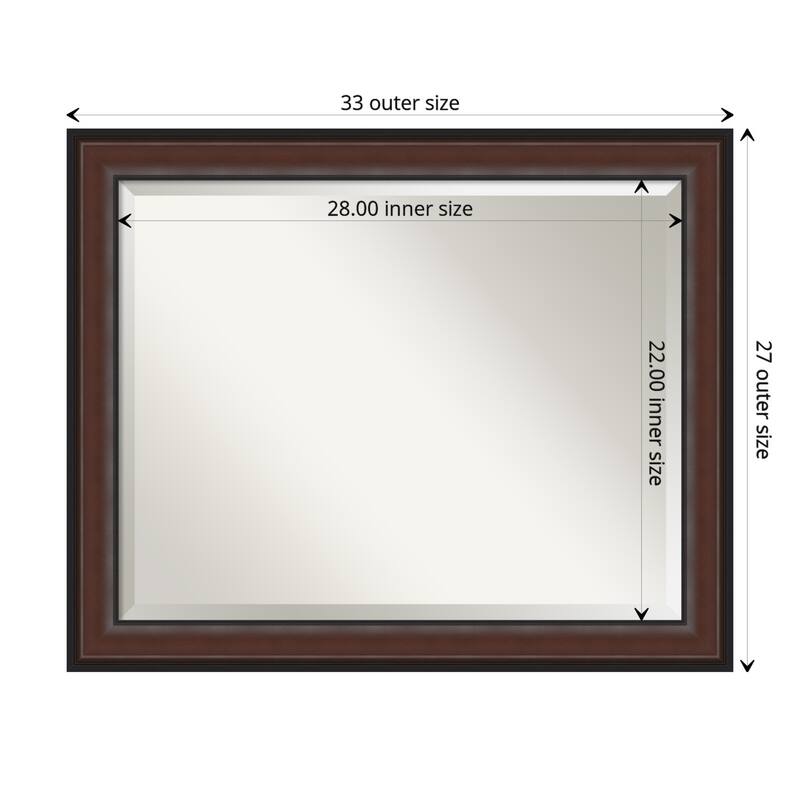 Beveled Bathroom Wall Mirror - Harvard Walnut Frame - Outer Size: 33 x 27 in