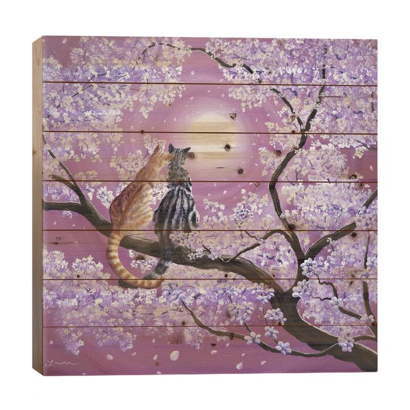 Orange And Gray Tabby Cats In Cherry Blossoms Print On Wood by Laura Iverson - Multi-Color - 26x26x1.5