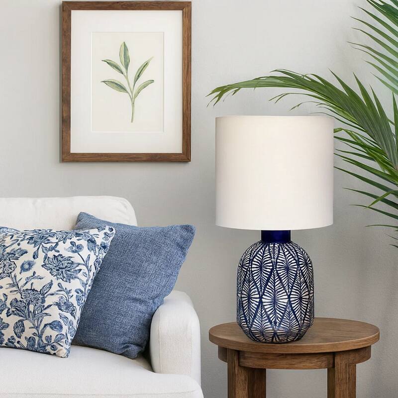 Hyla Accent Table Lamp, 17 Inch, Cream Linen, Blue Geometric Ceramic