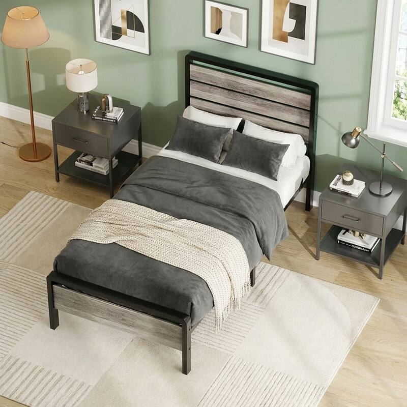 Bed Frame with LED Light and Charging Station, Metal Platform Bed with Wood Headboard