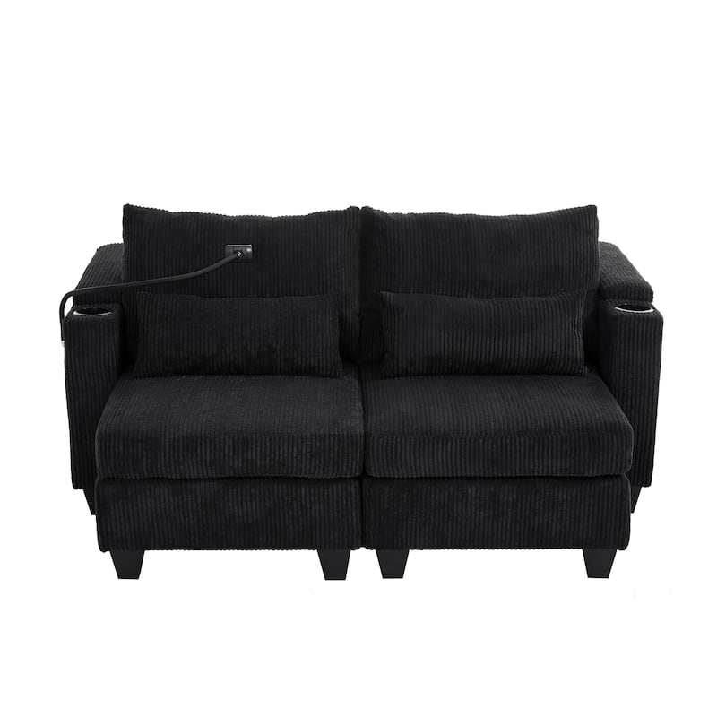 Convertible Chaise Lounge 63" Loveseat Sofa Sofa Bed Corduroy Sleeper Sofa with USB Ports, Two Cup Holders