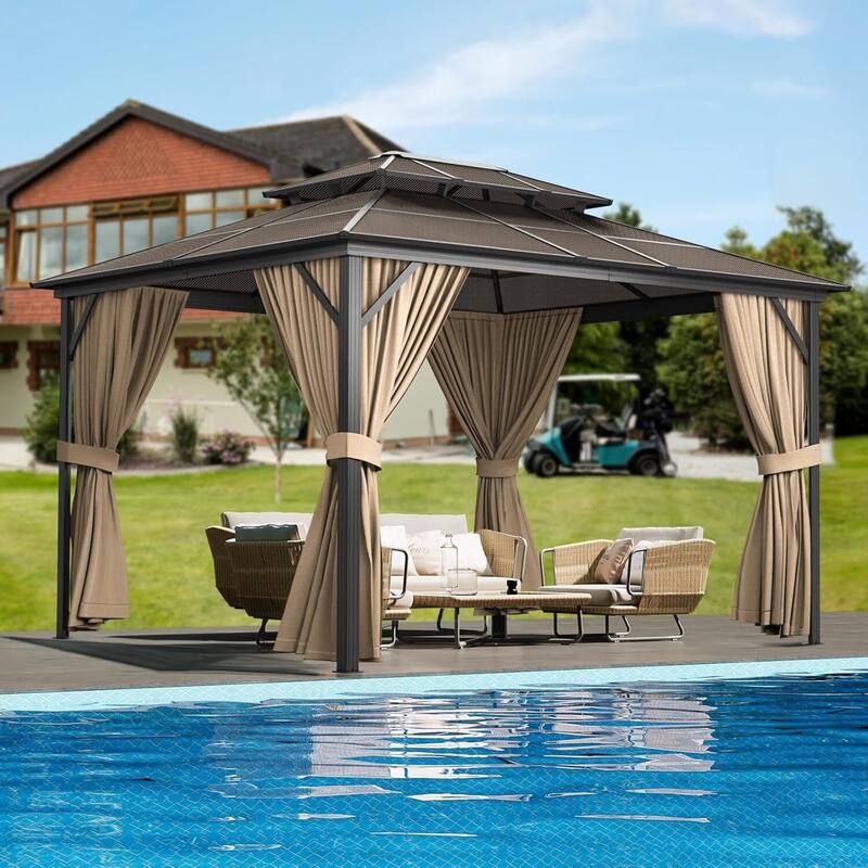 10' x 13' Patio Hardtop Heavy Duty Gazebo for Garden, Patios, Lawns - 10X13 Ft - Kahki