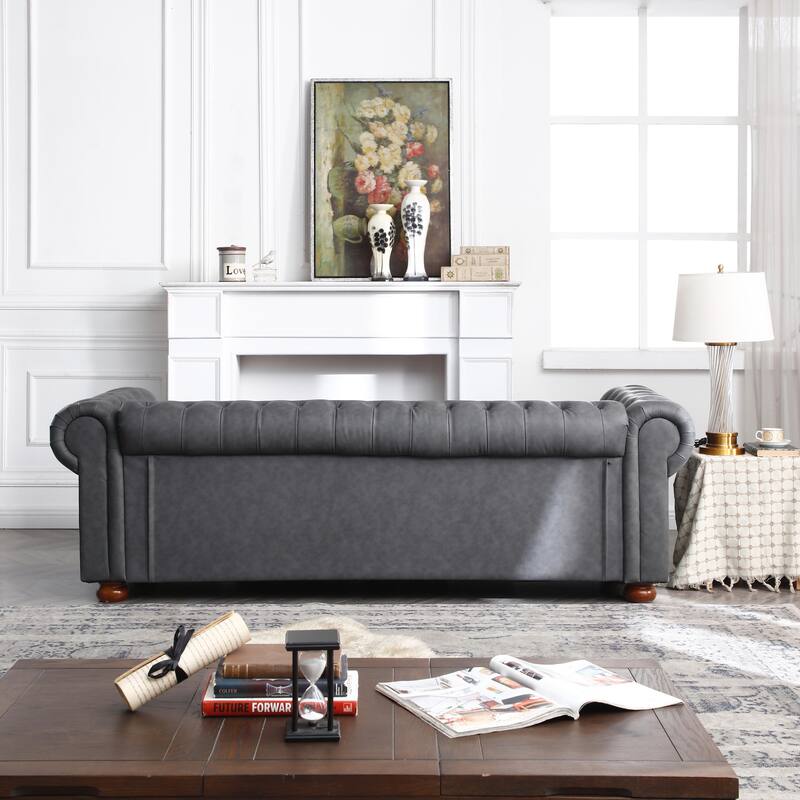 Vintage Faux Leather Chesterfield Sofa - Durable 3-Seater with Solid Wood Frame and Bronze Nails