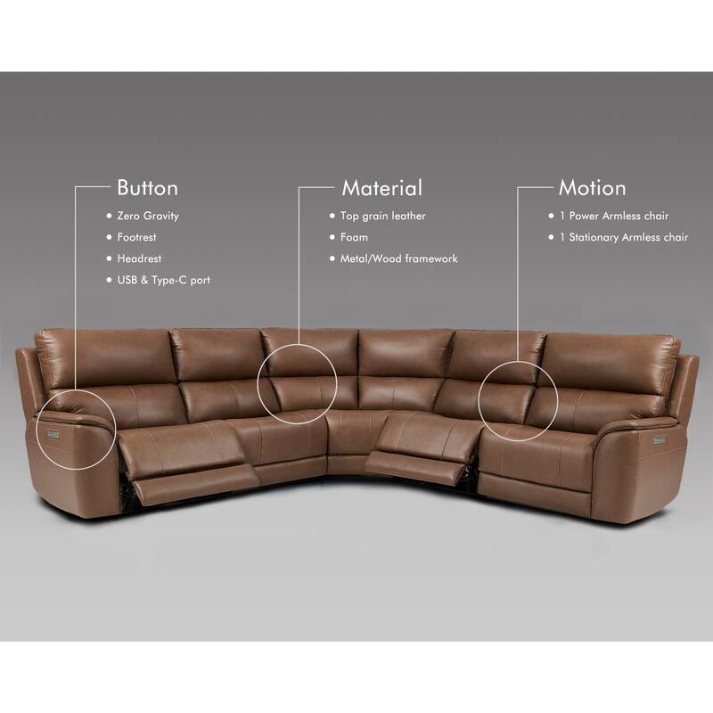 123" W Premium Genuine Leather Triple-Power Double Width Sectional Sofa with Zero Gravity and 1 Power Armless Chair