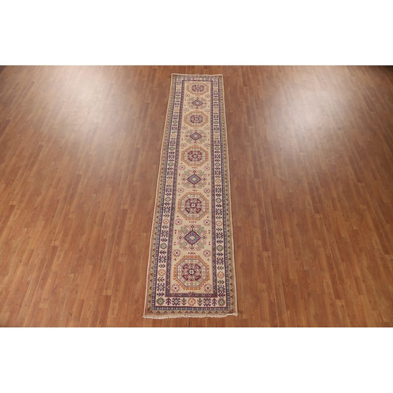 Geometric Kazak Runner Rug Hand-Knotted Yellow Wool Carpet - 2'10" x 13'0"