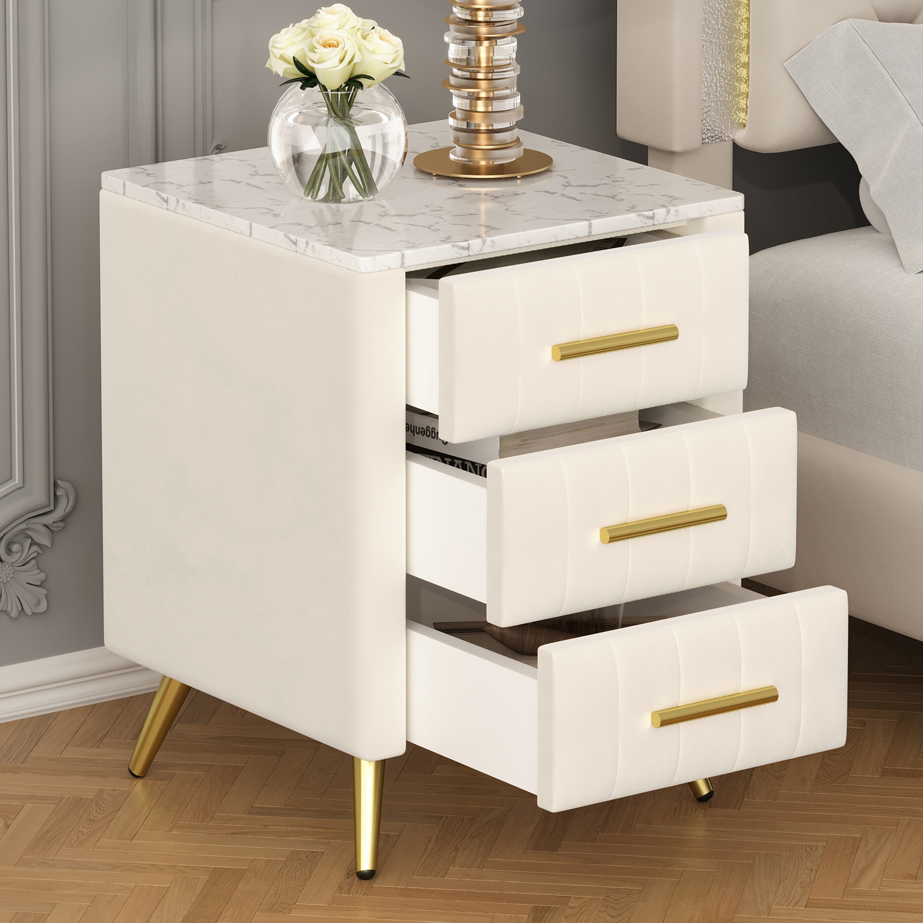 Elegant Velvet 3 Drawer Nightstand with Marble Top, Upholstered Bedside Table with Metal Legs for Bedroom