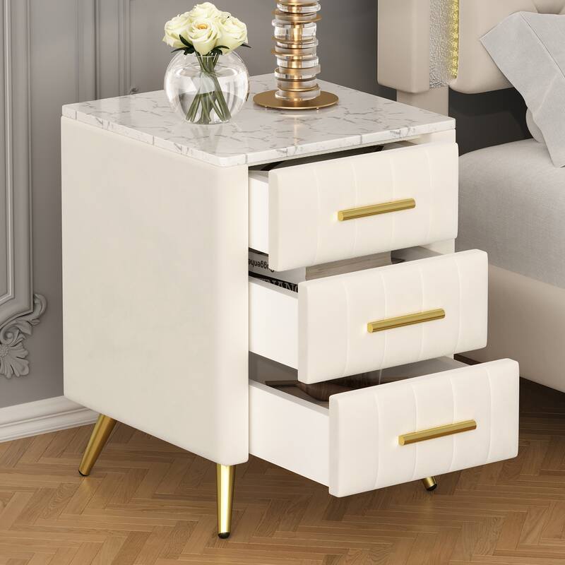 Upholstered Wooden Nightstand with 3 Drawers and Metal Legs Handles, Bedside Table with Marbling Stickers Worktop - Beige